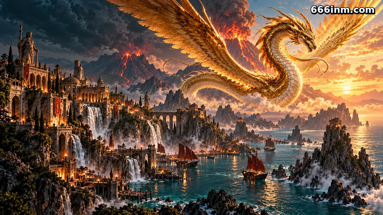 666i — Naga emas terbang di atas pelabuhan fantasi